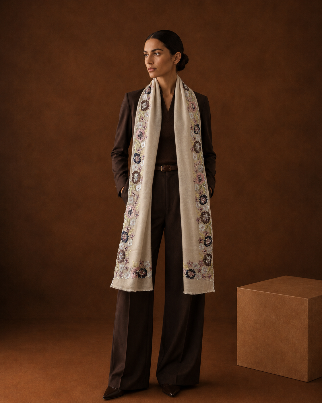 Sciarpa Floral Frame ricamo bordo
